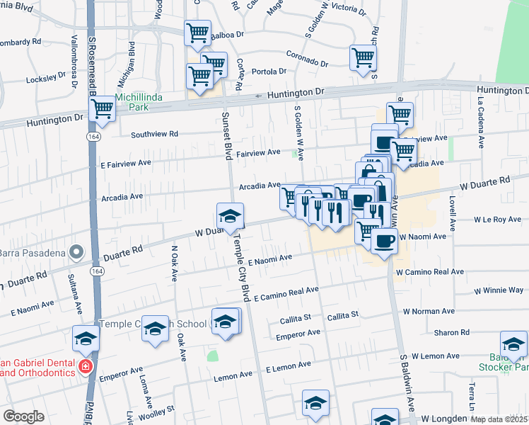 map of restaurants, bars, coffee shops, grocery stores, and more near 969 West Duarte Road in Arcadia