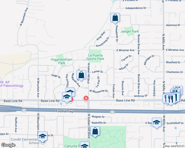 map of restaurants, bars, coffee shops, grocery stores, and more near 284 Lamar Drive in Claremont