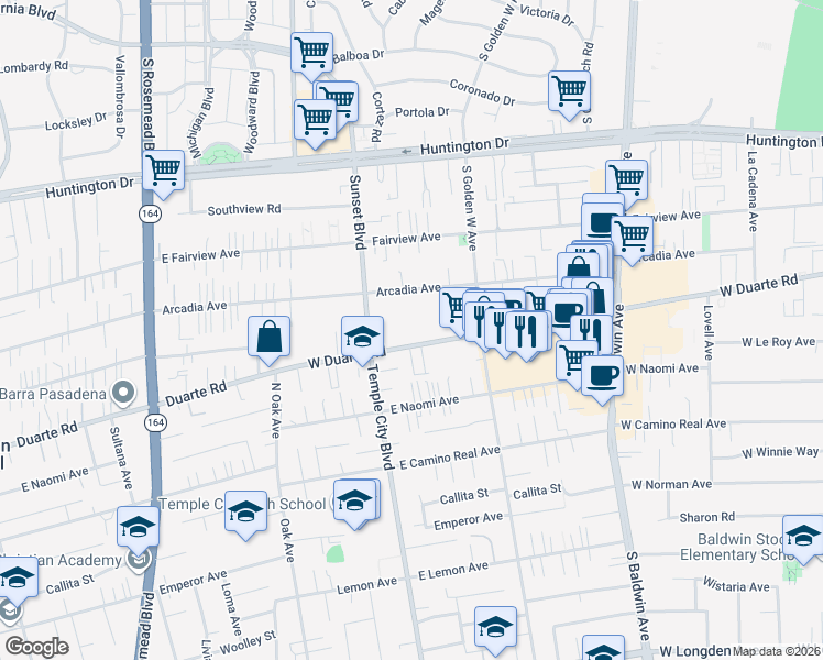 map of restaurants, bars, coffee shops, grocery stores, and more near 1011 West Duarte Road in Arcadia