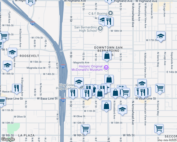 map of restaurants, bars, coffee shops, grocery stores, and more near 663 West 14th Street in San Bernardino