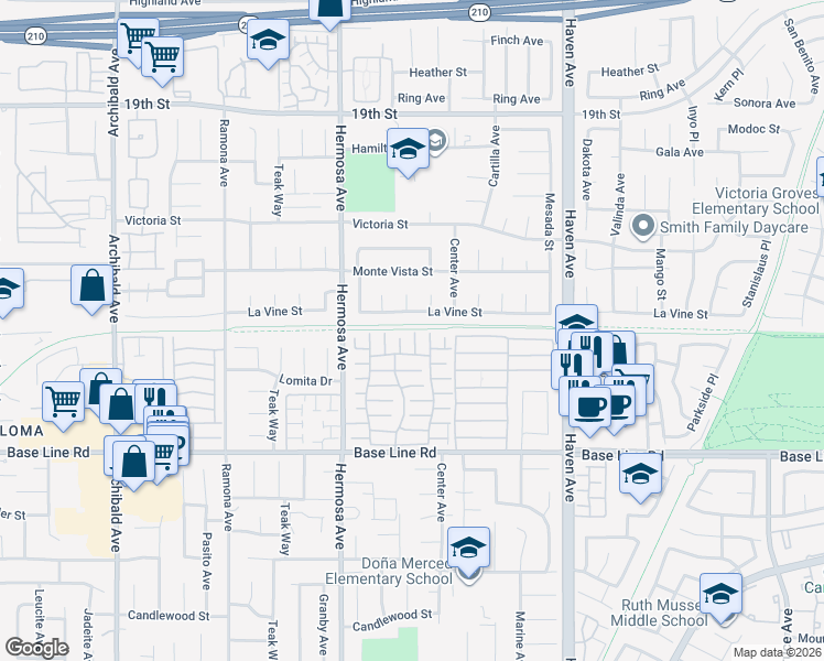 map of restaurants, bars, coffee shops, grocery stores, and more near 6993 Hermosa Avenue in Rancho Cucamonga