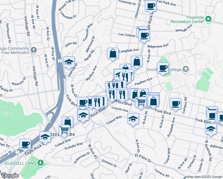 map of restaurants, bars, coffee shops, grocery stores, and more near 4375 York Boulevard in Los Angeles