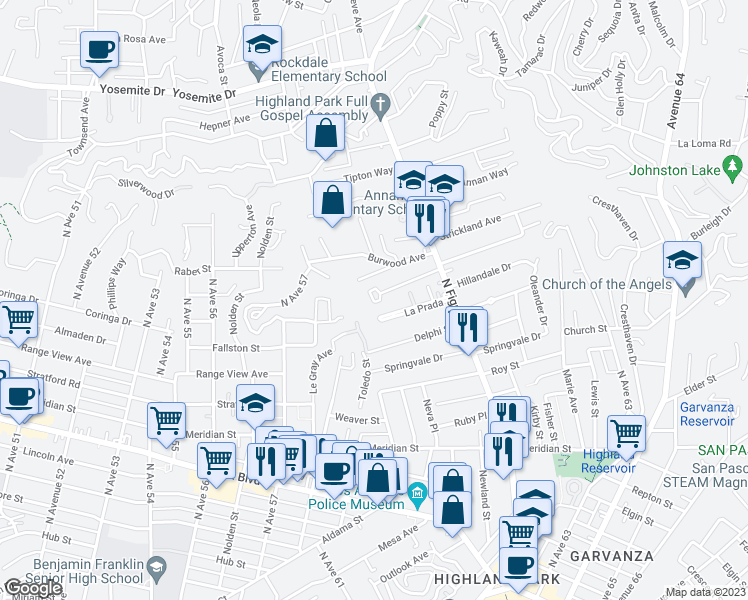 map of restaurants, bars, coffee shops, grocery stores, and more near 6000 Hillandale Drive in Los Angeles