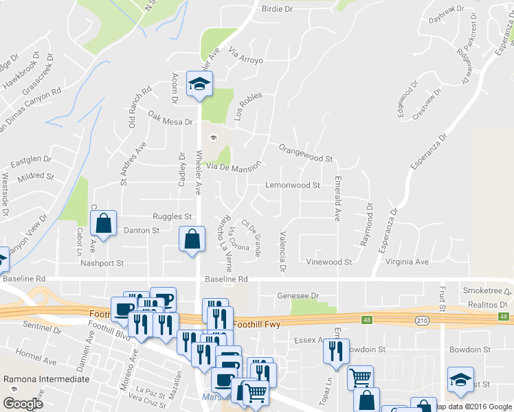 map of restaurants, bars, coffee shops, grocery stores, and more near 4786 Calle Estrada in La Verne