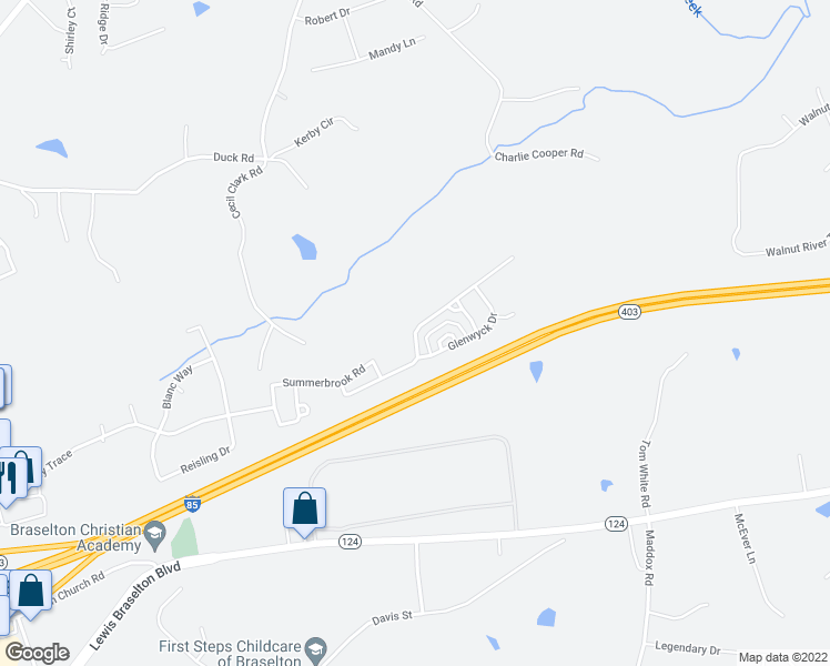 map of restaurants, bars, coffee shops, grocery stores, and more near 920 Walnut Woods Drive in Braselton