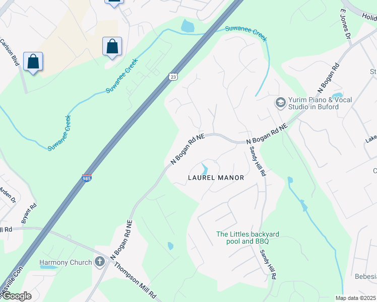 map of restaurants, bars, coffee shops, grocery stores, and more near 3293 North Bogan Road Northeast in Buford