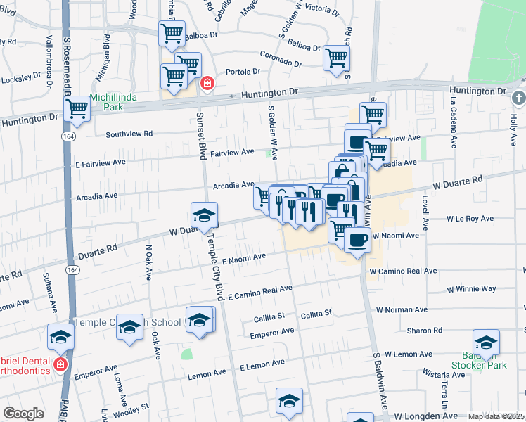 map of restaurants, bars, coffee shops, grocery stores, and more near 923 West Duarte Road in Arcadia