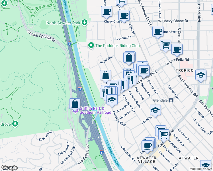 map of restaurants, bars, coffee shops, grocery stores, and more near 4048 Garden Avenue in Los Angeles