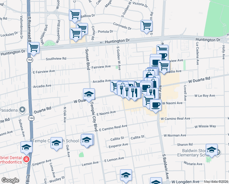 map of restaurants, bars, coffee shops, grocery stores, and more near 923 West Duarte Road in Arcadia