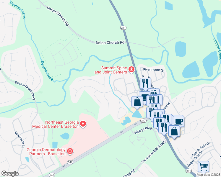 map of restaurants, bars, coffee shops, grocery stores, and more near 6060 Riverview Parkway in Braselton