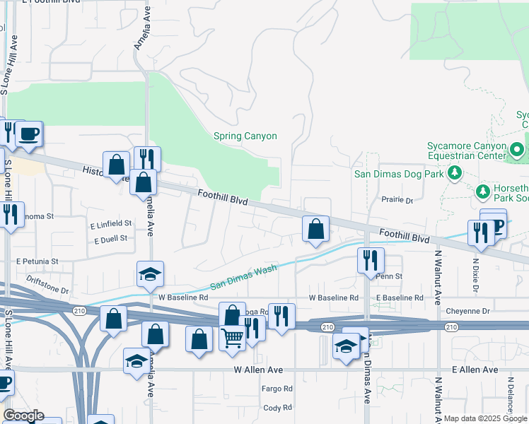 map of restaurants, bars, coffee shops, grocery stores, and more near 411 Heatherglen Lane in San Dimas