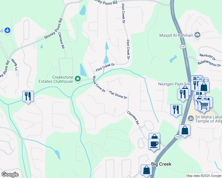 map of restaurants, bars, coffee shops, grocery stores, and more near 2335 Flat Stone Drive in Cumming