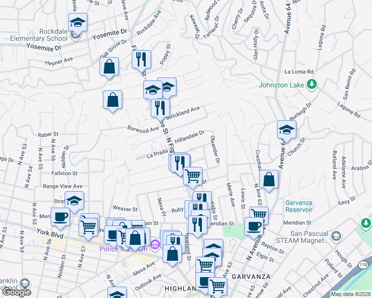 map of restaurants, bars, coffee shops, grocery stores, and more near 6179 Oak Crest Way in Los Angeles