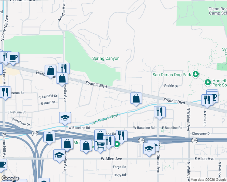 map of restaurants, bars, coffee shops, grocery stores, and more near 411 Heatherglen Lane in San Dimas