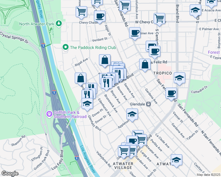 map of restaurants, bars, coffee shops, grocery stores, and more near 2980 Los Feliz Boulevard in Los Angeles