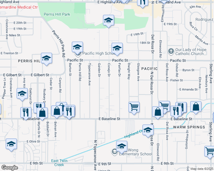 map of restaurants, bars, coffee shops, grocery stores, and more near 7078 Conejo Drive in San Bernardino