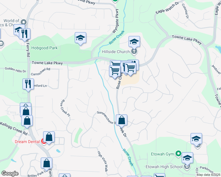 map of restaurants, bars, coffee shops, grocery stores, and more near 101 Grove Park Lane in Woodstock