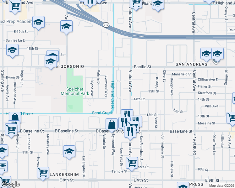 map of restaurants, bars, coffee shops, grocery stores, and more near 7100 Victoria Avenue in Highland