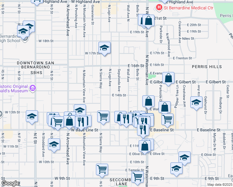 map of restaurants, bars, coffee shops, grocery stores, and more near 1387 North Lugo Avenue in San Bernardino