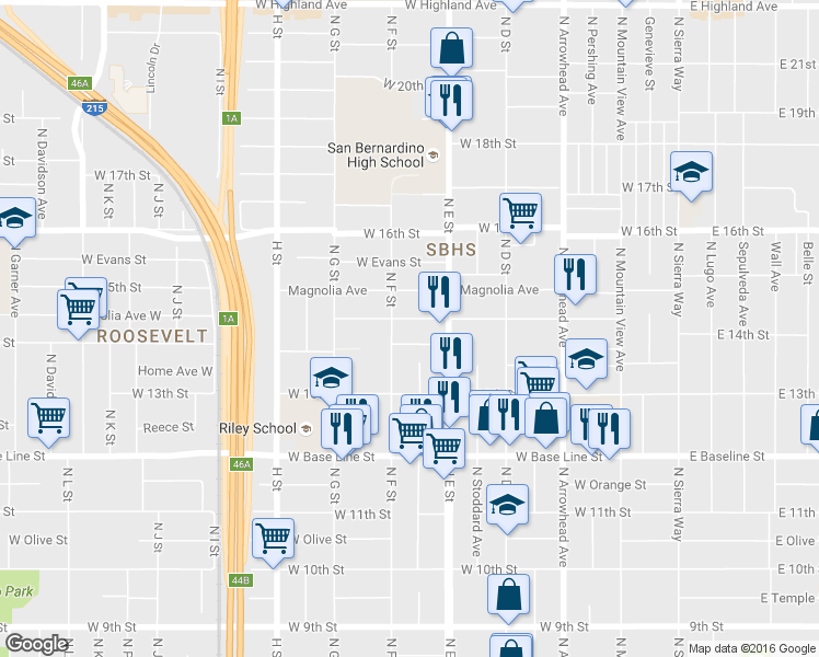map of restaurants, bars, coffee shops, grocery stores, and more near 554 West Virginia Street in San Bernardino