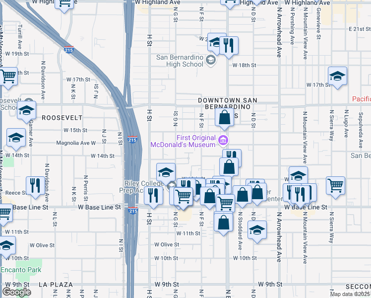 map of restaurants, bars, coffee shops, grocery stores, and more near in San Bernardino