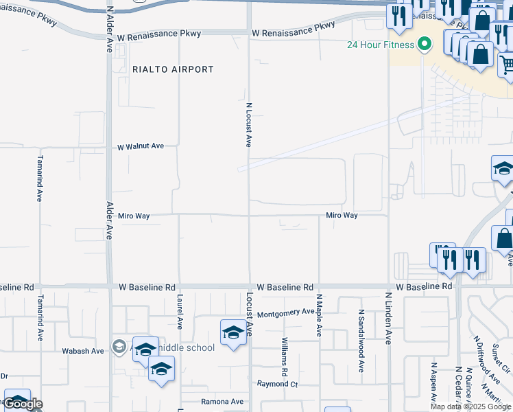 map of restaurants, bars, coffee shops, grocery stores, and more near 1405 North Locust Avenue in Rialto