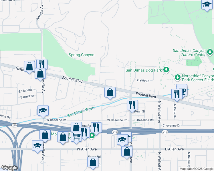 map of restaurants, bars, coffee shops, grocery stores, and more near 25 Woodglen Drive in San Dimas
