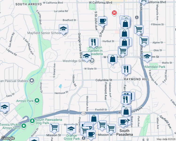 map of restaurants, bars, coffee shops, grocery stores, and more near 1220 Brookmere Road in Pasadena