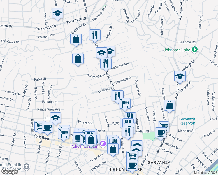map of restaurants, bars, coffee shops, grocery stores, and more near 6092 La Prada in Los Angeles