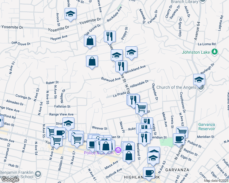 map of restaurants, bars, coffee shops, grocery stores, and more near 6040 La Prada in Los Angeles