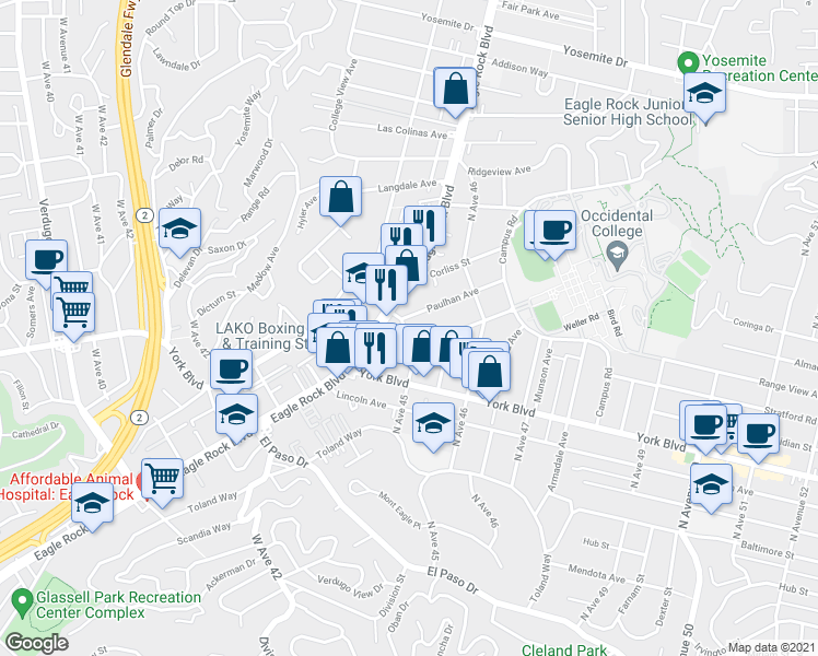map of restaurants, bars, coffee shops, grocery stores, and more near 1550 North Avenue 45 in Los Angeles