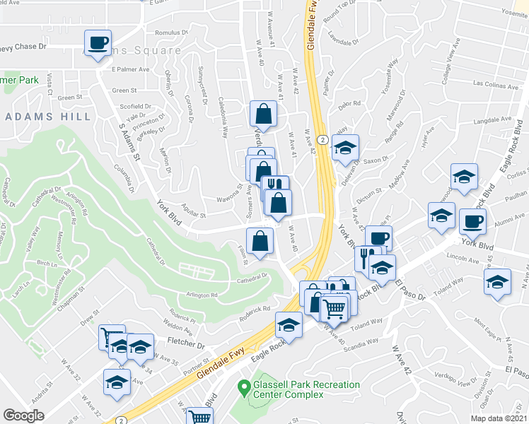 map of restaurants, bars, coffee shops, grocery stores, and more near Verdugo Road in Los Angeles