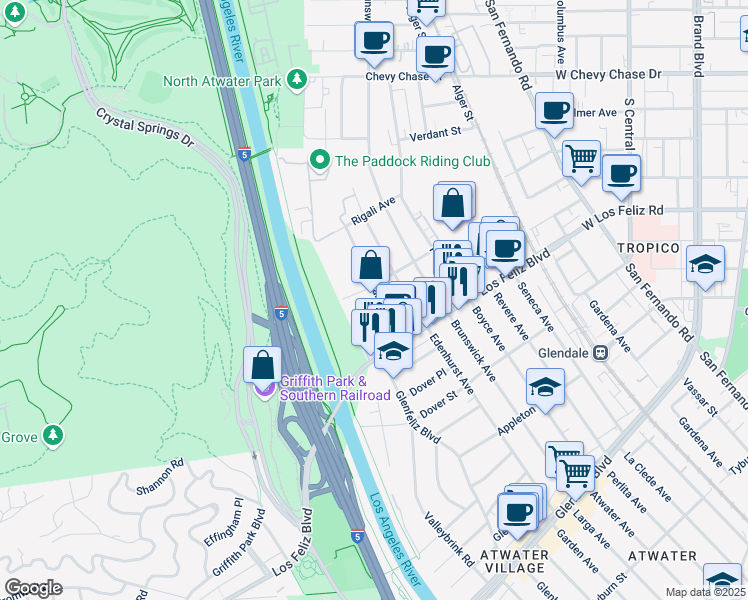 map of restaurants, bars, coffee shops, grocery stores, and more near 4048 Garden Avenue in Los Angeles
