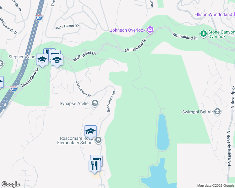 map of restaurants, bars, coffee shops, grocery stores, and more near 2586 Roscomare Road in Los Angeles