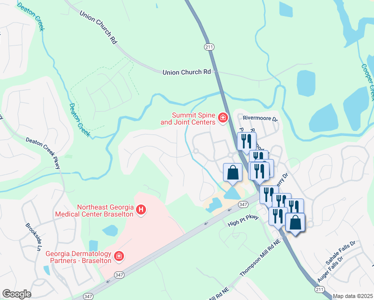 map of restaurants, bars, coffee shops, grocery stores, and more near 6060 Riverview Parkway in Braselton