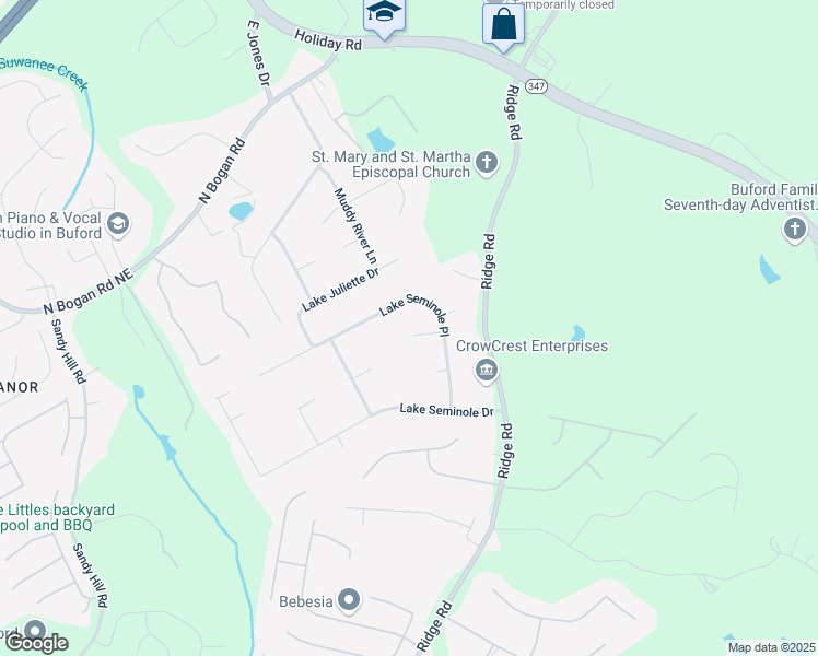 map of restaurants, bars, coffee shops, grocery stores, and more near 3648 Clark Hill Way in Buford