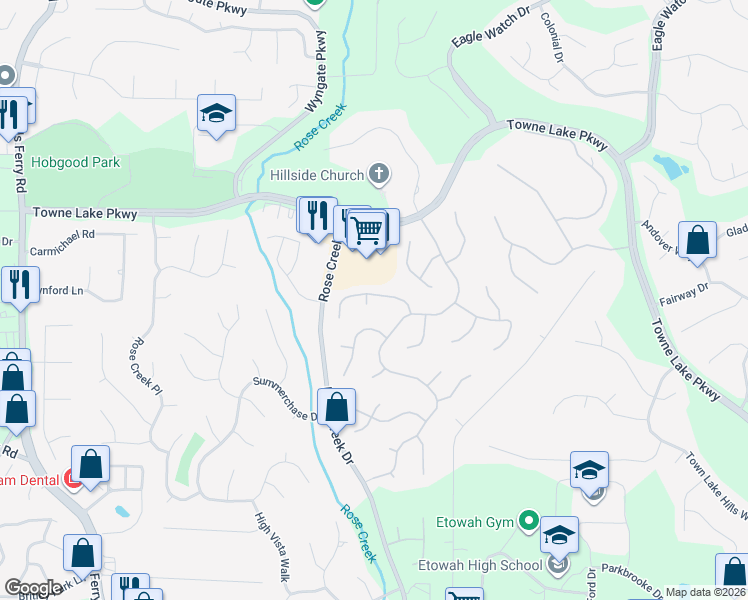 map of restaurants, bars, coffee shops, grocery stores, and more near 1602 Briarcliff Court in Woodstock