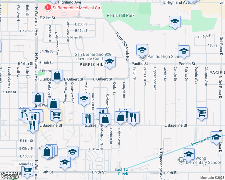 map of restaurants, bars, coffee shops, grocery stores, and more near 1414 Cedar Street in San Bernardino