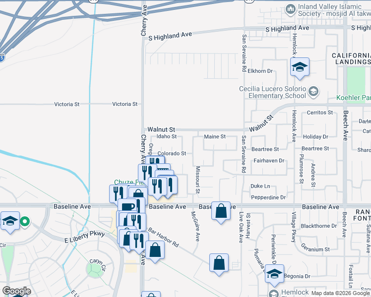 map of restaurants, bars, coffee shops, grocery stores, and more near 7075 Montana Avenue in Fontana