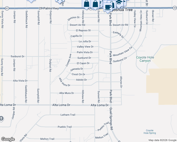 map of restaurants, bars, coffee shops, grocery stores, and more near 61619 Granada Drive in Joshua Tree