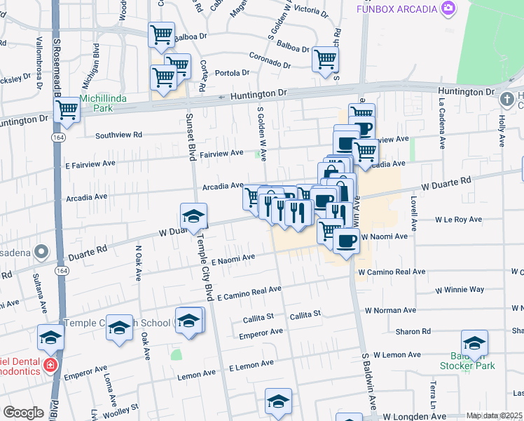 map of restaurants, bars, coffee shops, grocery stores, and more near 905 West Duarte Road in Arcadia