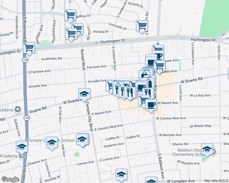 map of restaurants, bars, coffee shops, grocery stores, and more near in Arcadia
