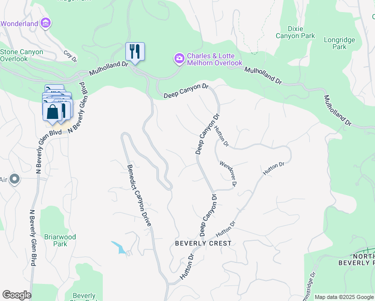 map of restaurants, bars, coffee shops, grocery stores, and more near 2855 Deep Canyon Drive in Beverly Hills