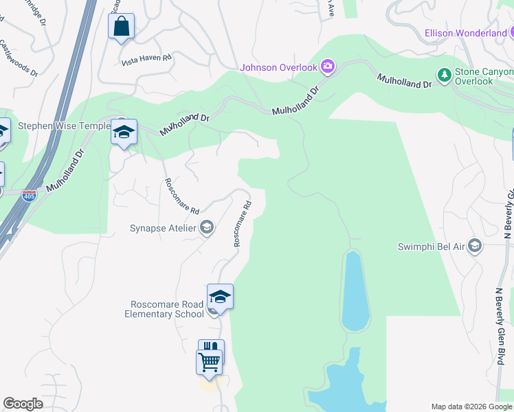 map of restaurants, bars, coffee shops, grocery stores, and more near 2612 Roscomare Road in Los Angeles