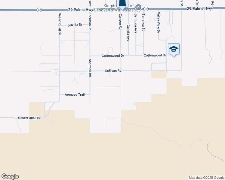 map of restaurants, bars, coffee shops, grocery stores, and more near 7054 Canyon Road in Twentynine Palms
