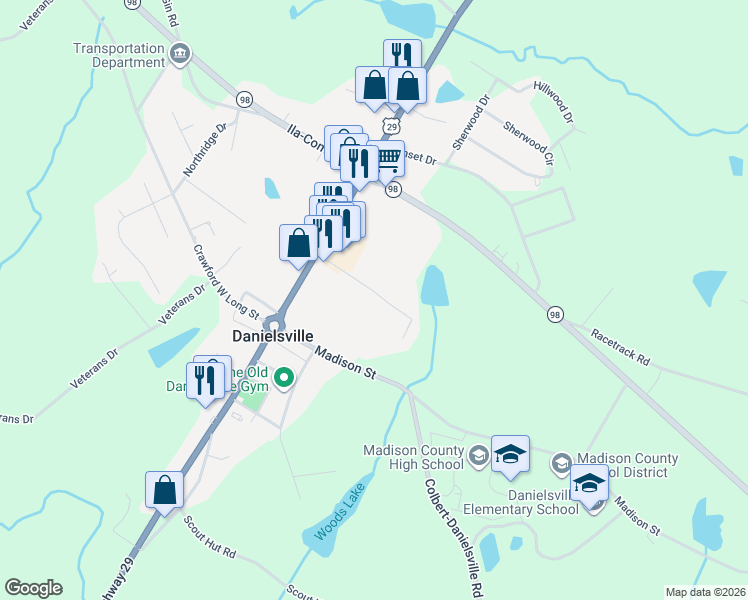 map of restaurants, bars, coffee shops, grocery stores, and more near 184 Mama B Drive in Danielsville