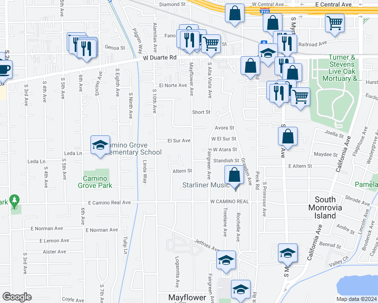 map of restaurants, bars, coffee shops, grocery stores, and more near 1303 South Mayflower Avenue in Arcadia