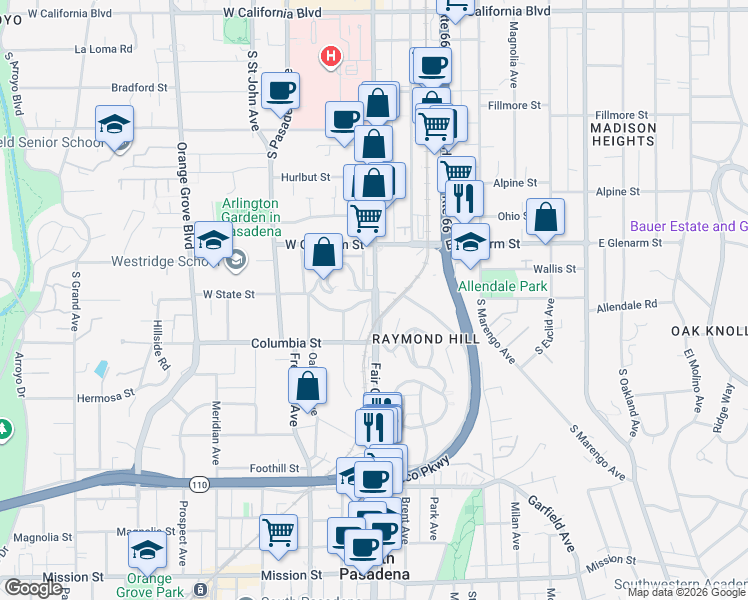 map of restaurants, bars, coffee shops, grocery stores, and more near in Pasadena