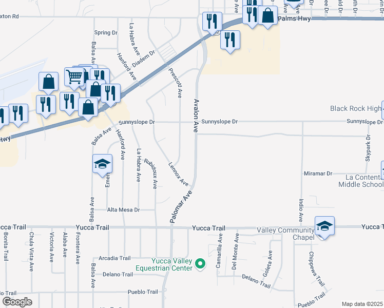 map of restaurants, bars, coffee shops, grocery stores, and more near 7022 Avalon Avenue in Yucca Valley