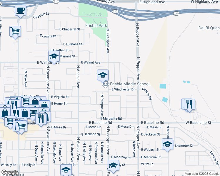 map of restaurants, bars, coffee shops, grocery stores, and more near 1431 North Eucalyptus Avenue in Rialto